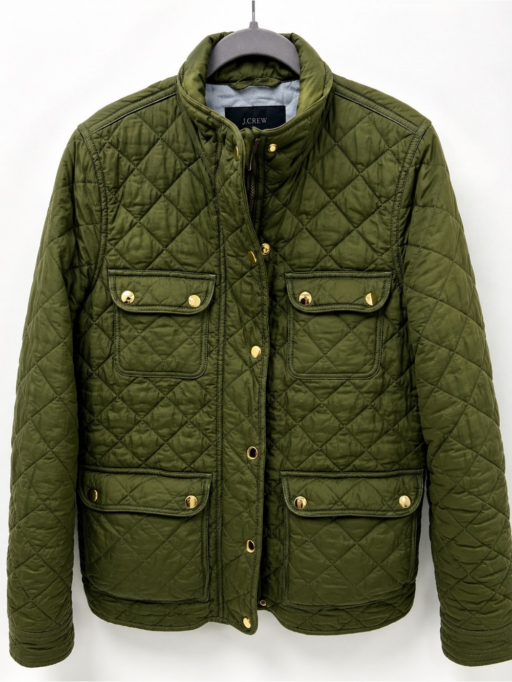 J. Crew Olive Green Quilted Field Jacket XS Utility Military Barn Coat Gold Snap